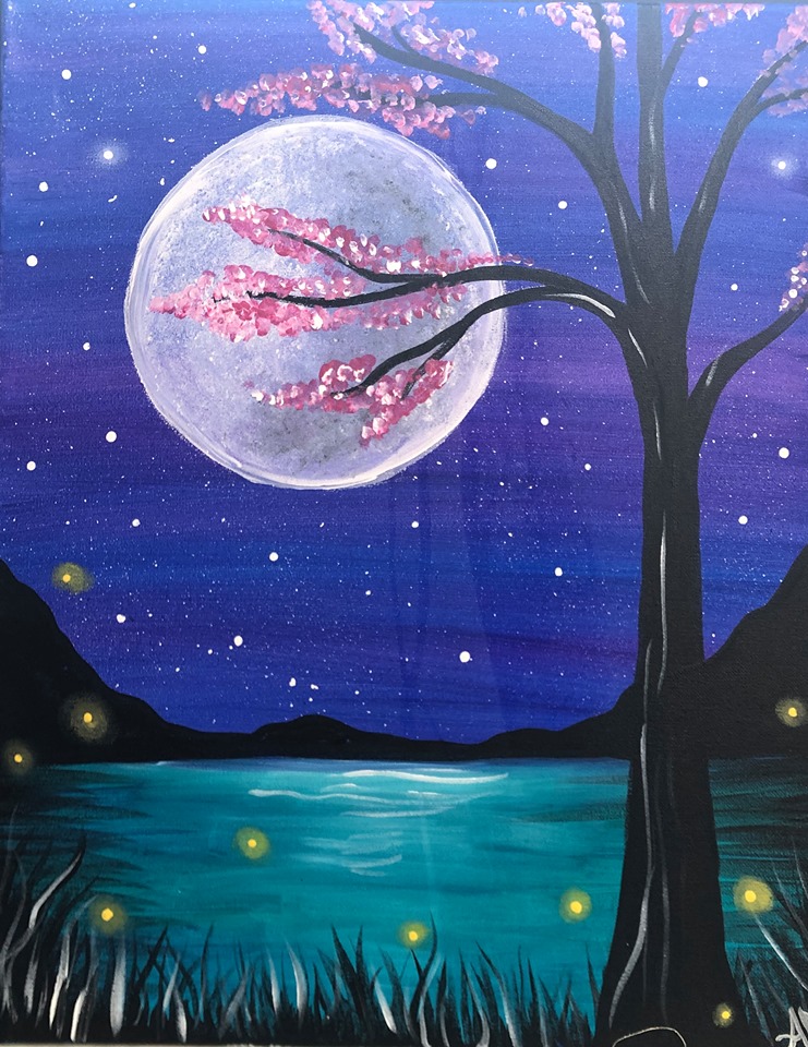 Cherry Blossom Moon Over Lake Art On The Rocks